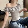 French Floral Ruffle Edge Slanted Shoulder Off-the-shoulder Short-sleeved T-shirt for Women's Summer Slim-fit Inside Slim-looking Spice Girl Short Top