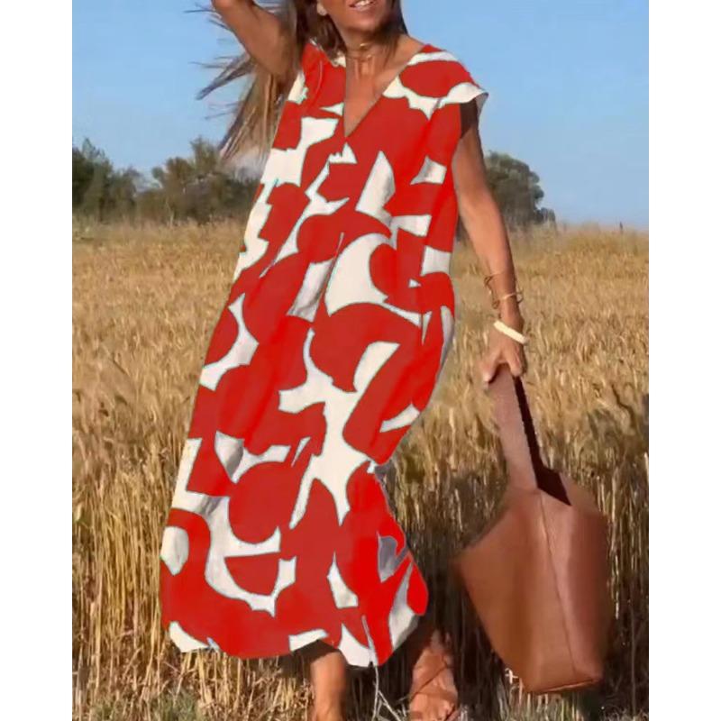 

Женские элегантные женские платья в стиле V-образный вырез со свободной талией, длинные летние модные новые принтованные платья 3XL красный