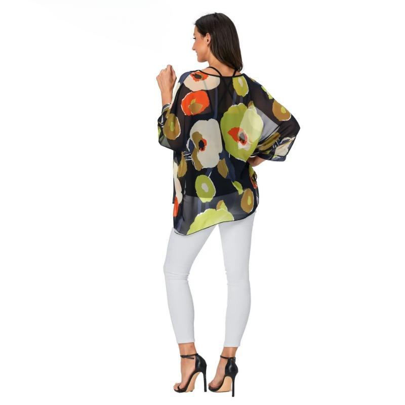 Dámská letní košile s květinovým potiskem Netopýří rukáv Top Šifon pončo ležérní volná halenka