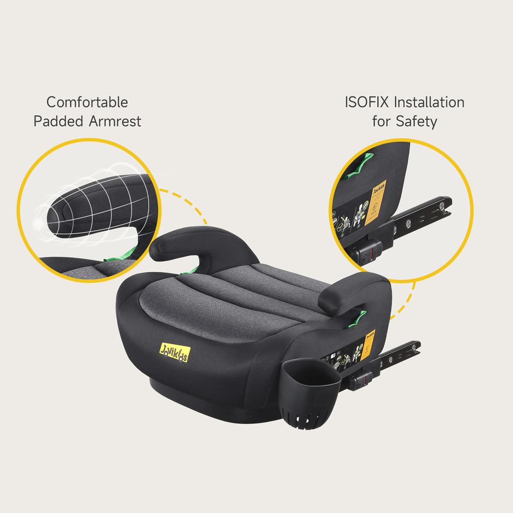 I-Size Booster Car Seat, ISOFIX, 125-150cm, 6-12 Years, Group 2/3, Portable, ECE R129, Black