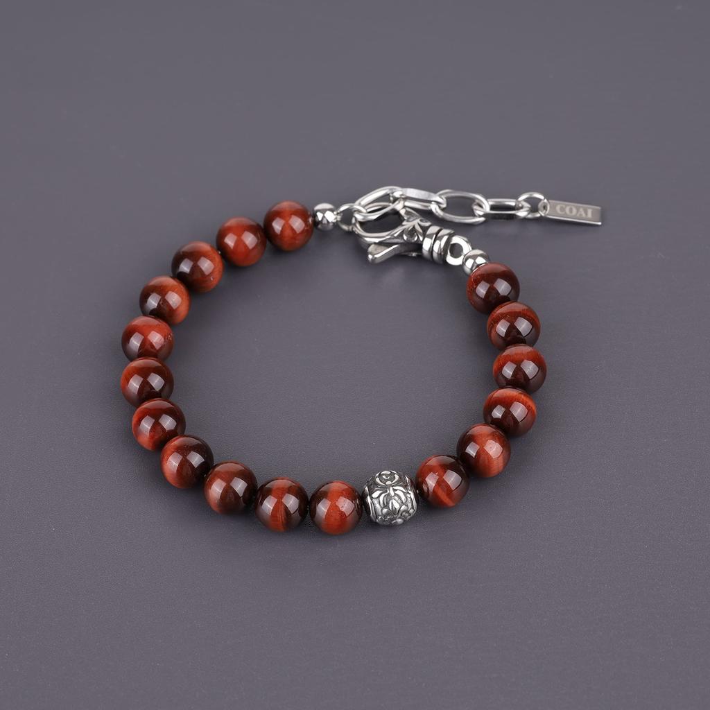 8mm Red Tiger Eye Lucky Charm Bracelet [COAI] Fleur-de-lis