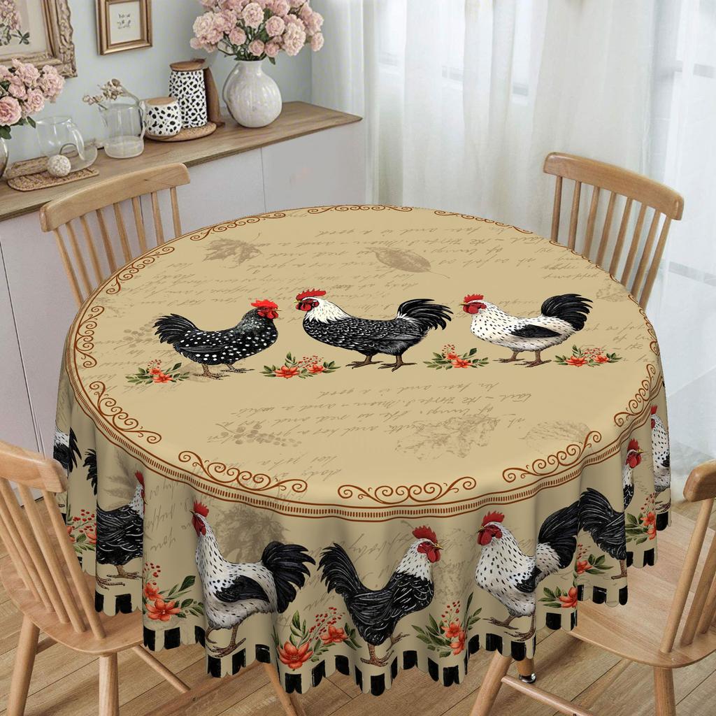 Vintage Pastoral Round Table Tablecloth, Rooster Pattern Flower European Country Household Table Cloth, Fabric Tablecloth