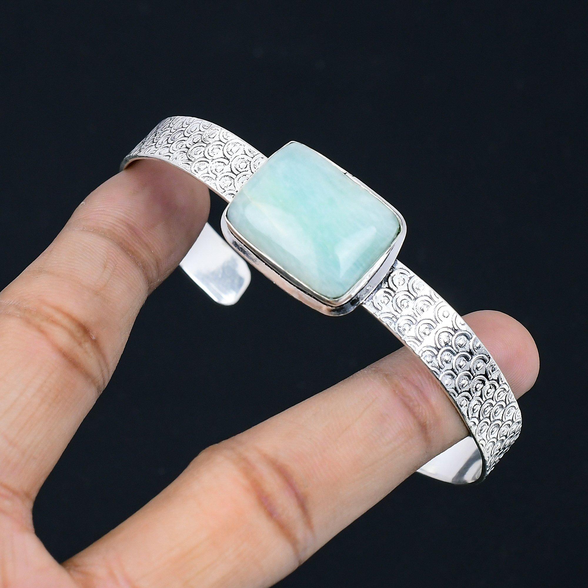 

Daughters Day Sale Radiant Amazonite Gemstone Sterling Silver Artisan New Bangle Adjustable
