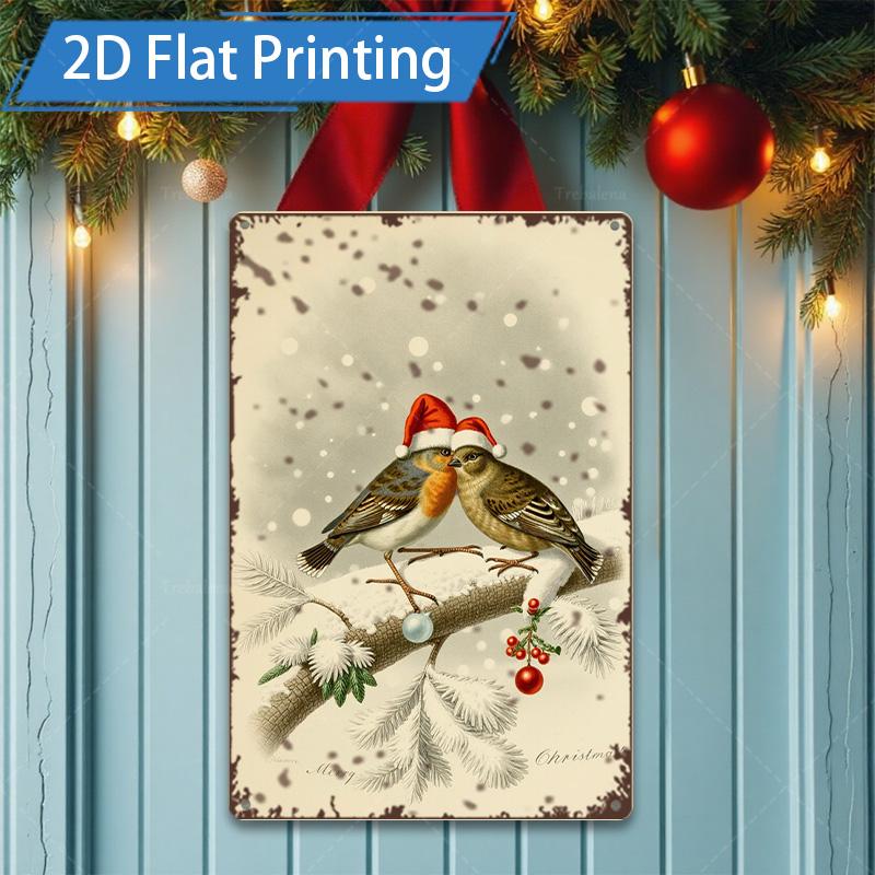 D FLAT pc Metal Sign Christmas Birds Santa Hat D Flat Print Metal Art 20x30cm(7.8x11.8inch)