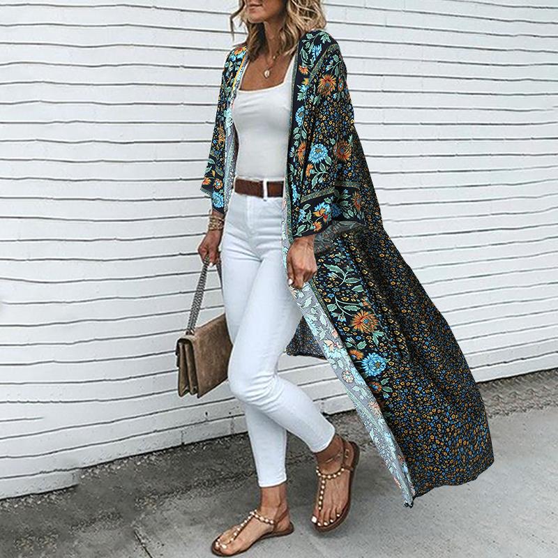 ZANZEA Bohemsk trykk Ferie Hverdagslig Langermet Strand Lang Cardigan Cover-up