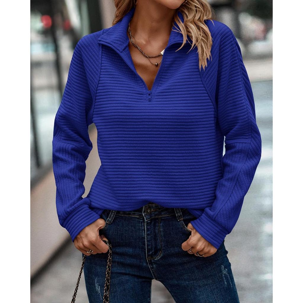 Dames sweatshirt met opstaande kraag, halve rits, lange mouwen, losse pasvorm, casual, ribgebreide pullover