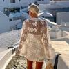 Women Bikini Cover-up V-Neck Long Sleeve See-through Embroidery Flower Pattern Lace-Up Detail Swimwear Cover-up