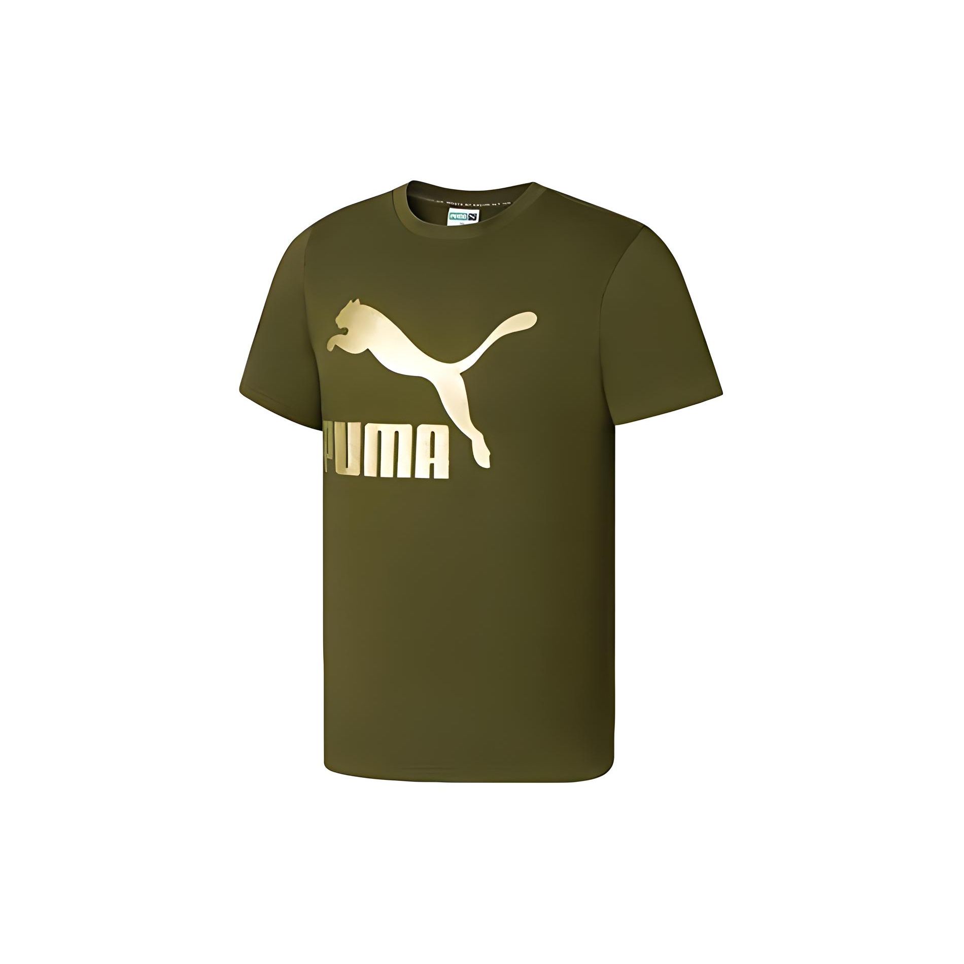 

Puma Metallic Gold Logo Print Crew Neck T-Shirt Men Tops Green 673666-62 M