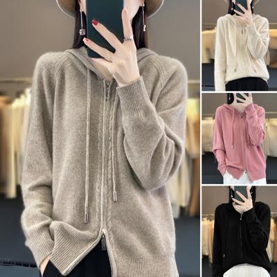 Casaco suéter feminino com capuz cordão manga comprida zíper duplo casaco de tricô cor sólida ajuste solto jacquard outwear