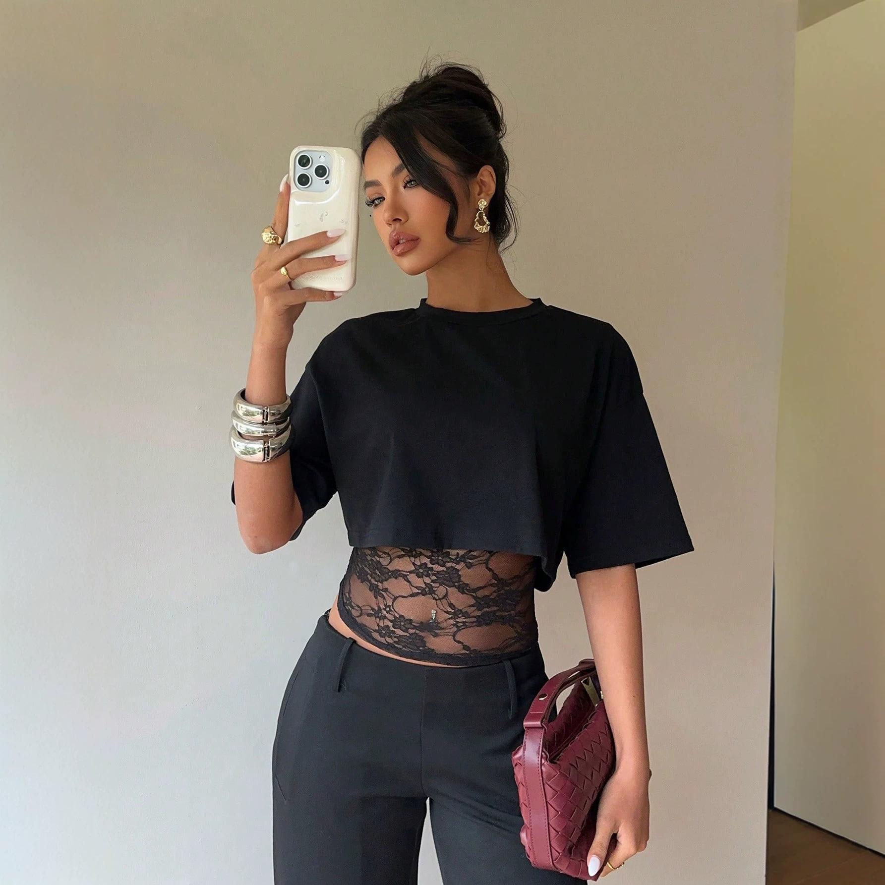 Summer Vacation Two-piece Lace-embroidered Fitted Sheer Sexy Short-sleeved Women s T-shirt Top S чёрный