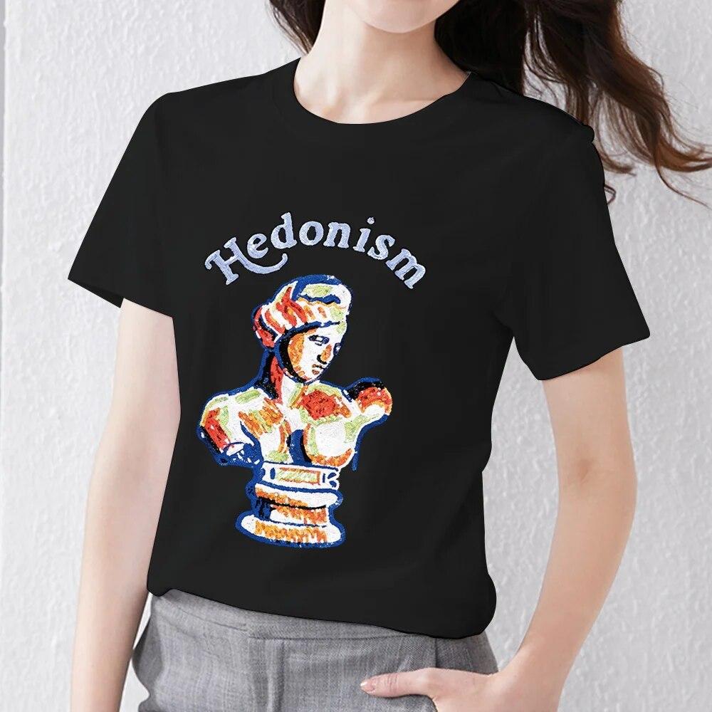 Retro Frauen Kleidung T-shirt Casual Slim Top Einfache Schwarz Pendler Kurzarm Lustige Skulptur Print Damen Mode O-ansatz Top