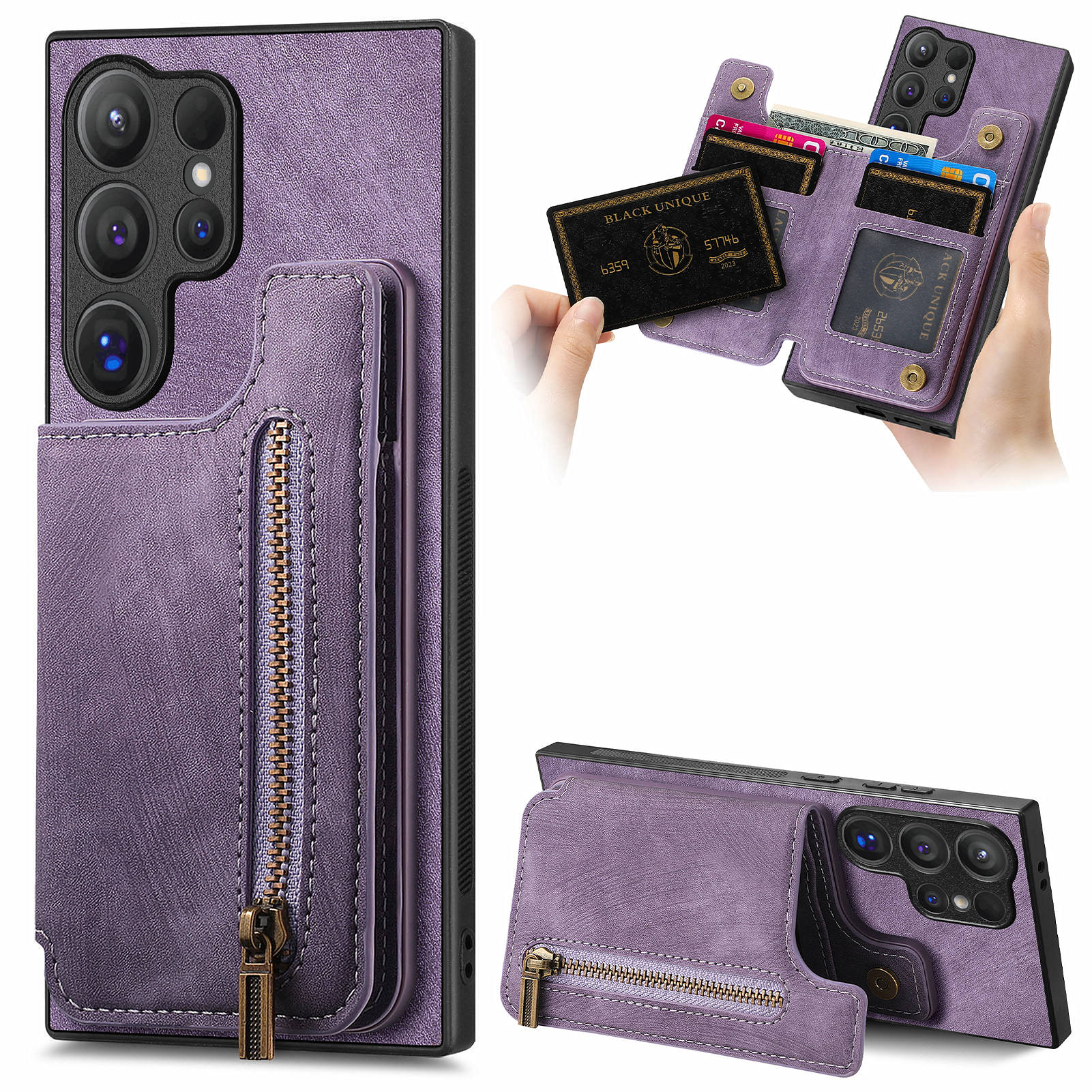 

For Samsung Galaxy S25 Ultra Case with Zipper Card Holder Retro Leather TPU Phone Cover Purple