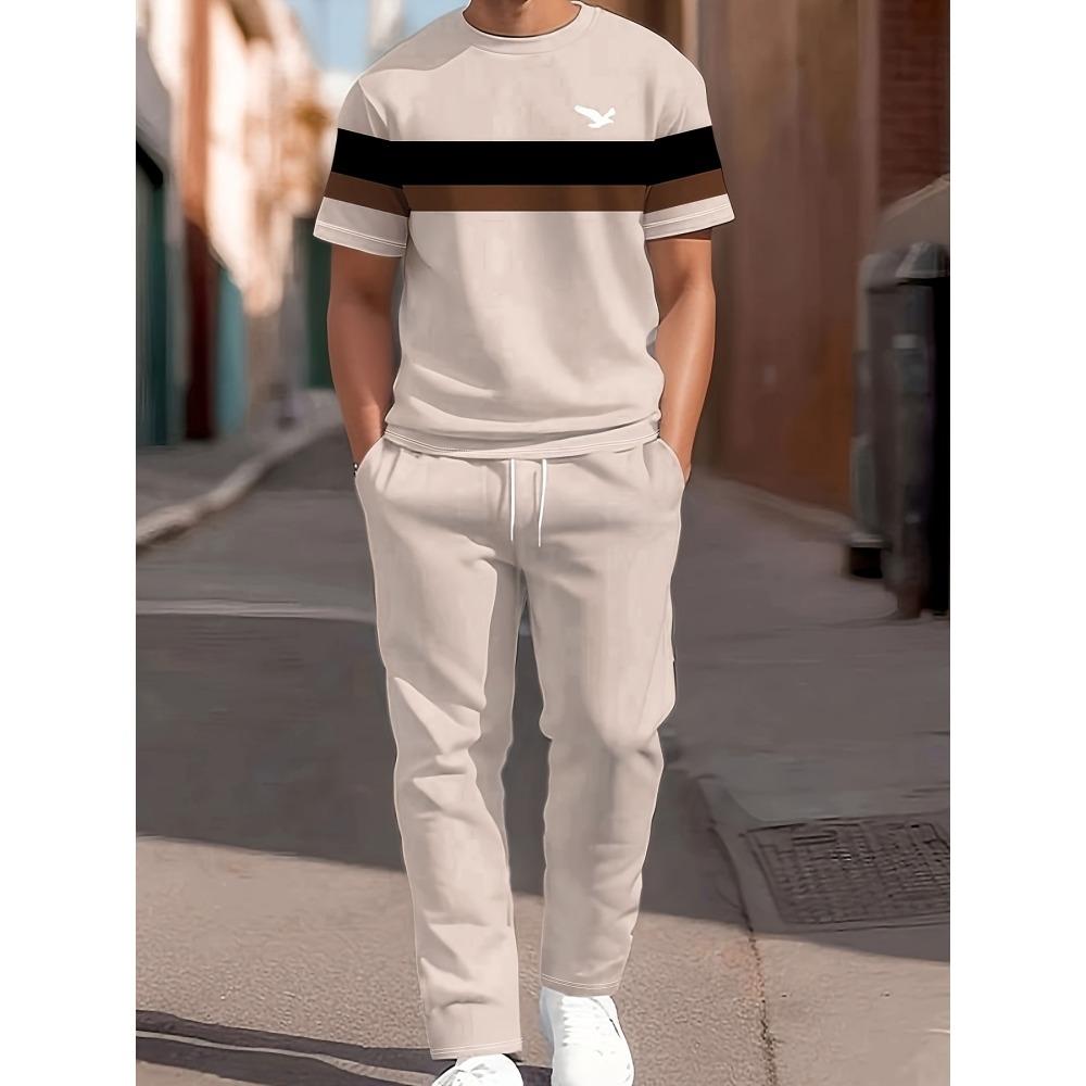3D Navy Anchor Pattern Men's Set Summer Crew Neck Short Sleeve Shirt With Casual Trousers Two-Piece Set Casual Men's Set