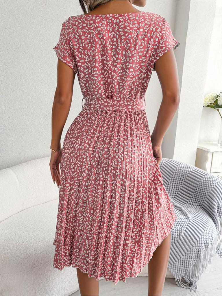 O Neck Printed Dress Waist Hugging Elegant Dress for Women Short Sleeve Loose Dresses Causal Dress