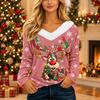Women's Casual Long Sleeve Christmas Print V Neck Top with Plush Collar for Holiday Wear