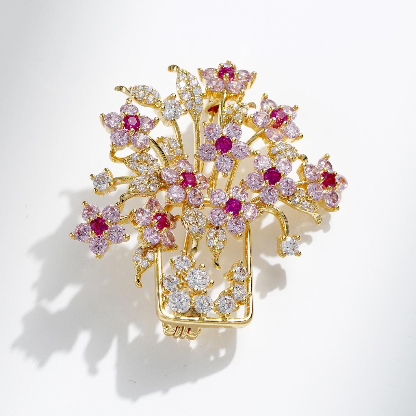 Bo Xin Yun Pink Zirconia Flower Brooch, Elegant Floral Design Accessories