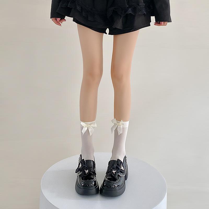 Bow Socks Spring/Summer Thin Mid-calf Socks Velvet Ice Silk Candy-colored Dui Dui Lolita Thigh-high Socks