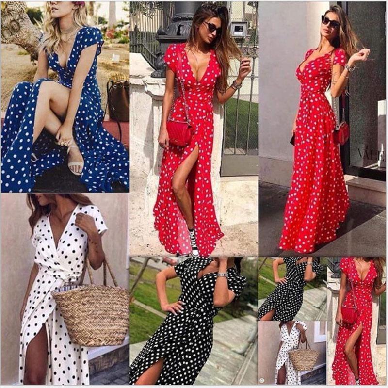 Stylish Womens Holiday Polka Dots Slit Maxi Dress Perfect For Summer Beach Outings