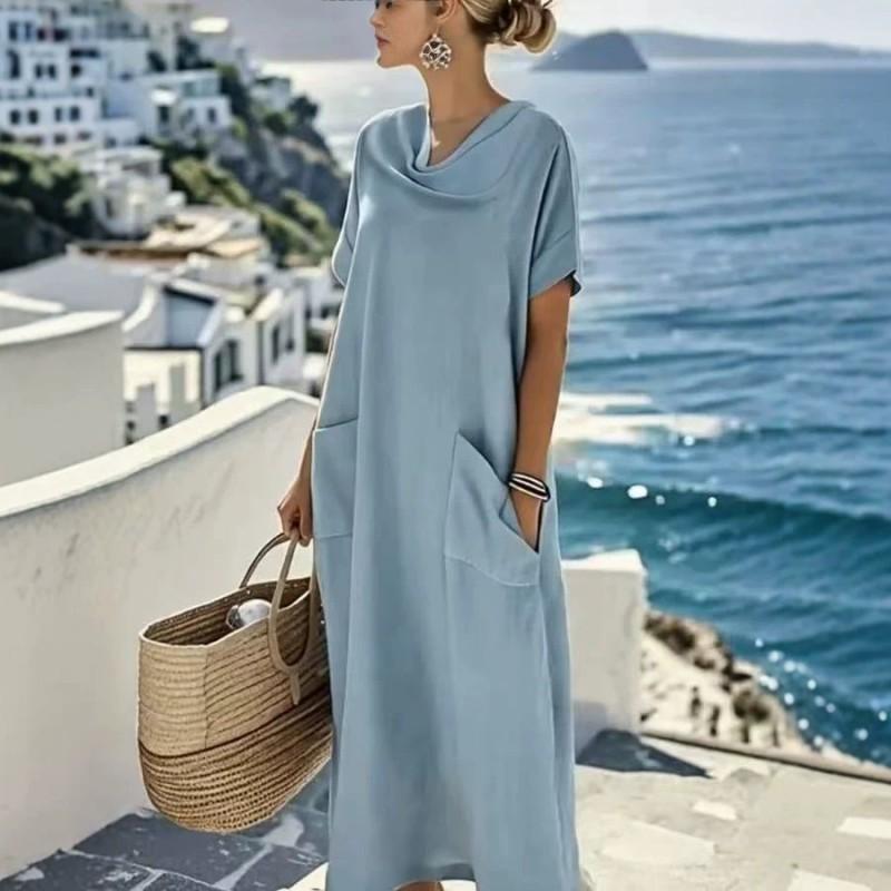 Womens Loose Short Sleeve Asymmetrical Neck Maxi Dress With 3D Print Plus Size Comfortable Casual Skirt