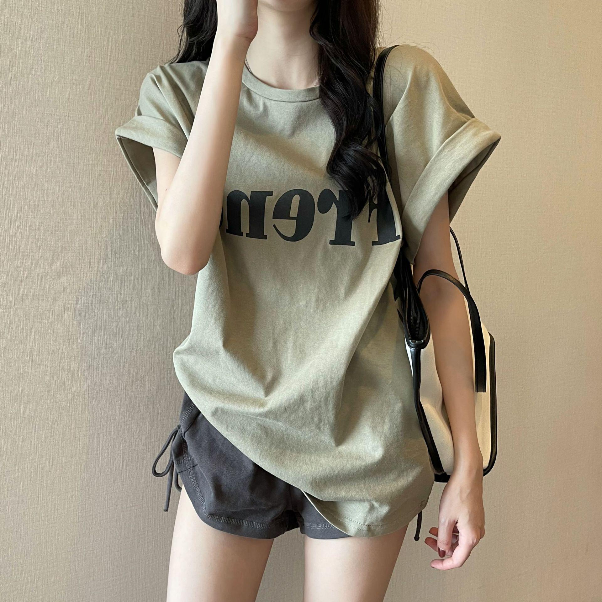 

Loose short-sleeved t-shirt women s new summer new design sense niche chic retro student top trendy M зелёный