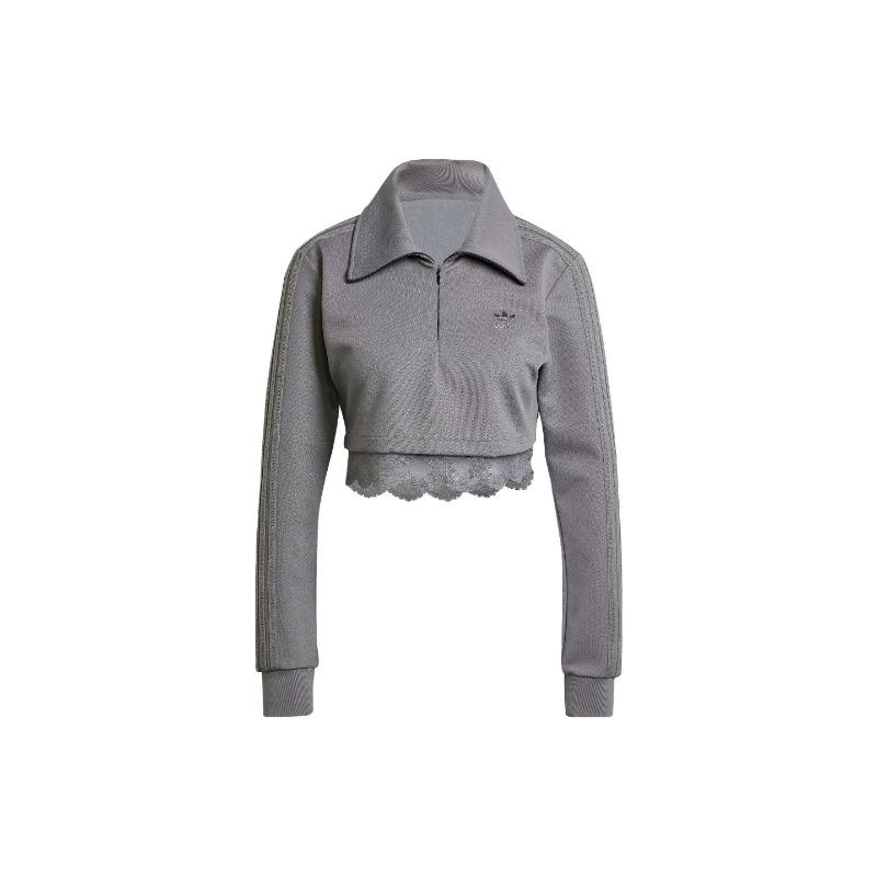 adidas Originals Lace Trim Cropped Half Zip Polo Sweatshirt Grey Women IY9024 L