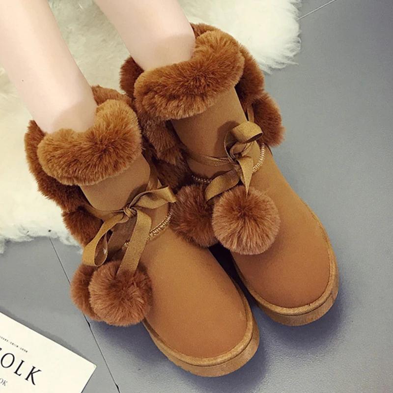 Fashion Sweet Pink Furry Non Slip Snow Boots Women 2025 Winter Warm Fluffy Fur Flats Ankle Boots Cute Pom-Pom Designer Girl's Shoes 41