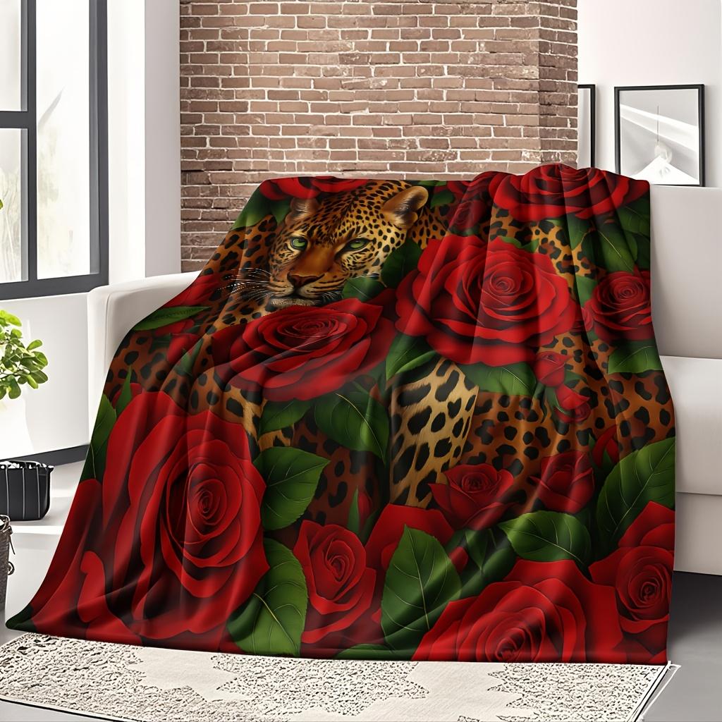 Vintage Cheetah With Big Red Rose Pattern Soft Flannel Blanket Lightweight Air Conditioning Cover Blanket For Couch Travel