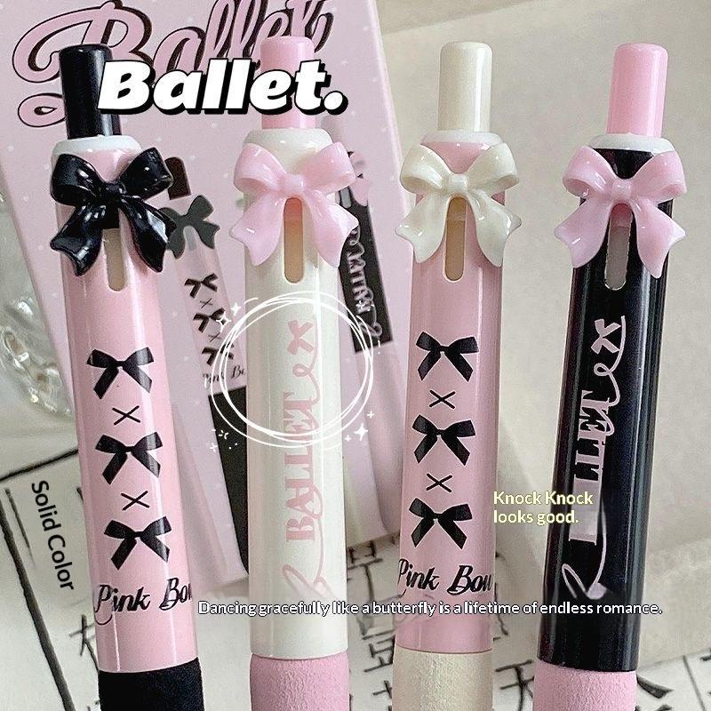 4 Pcs Black And White Bow Press Pen Soft Grip Super High Value 0.5mm Brush Question Quick Drying Press Cartoon Neutral Pen