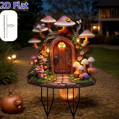 2D Flat Acrylic Fantasy Mushroom House Statue Plug-in, Outdoor Lawn Indoor Plug-in Decoration, for Family Daily,party,courtyard,lawn and Gardening