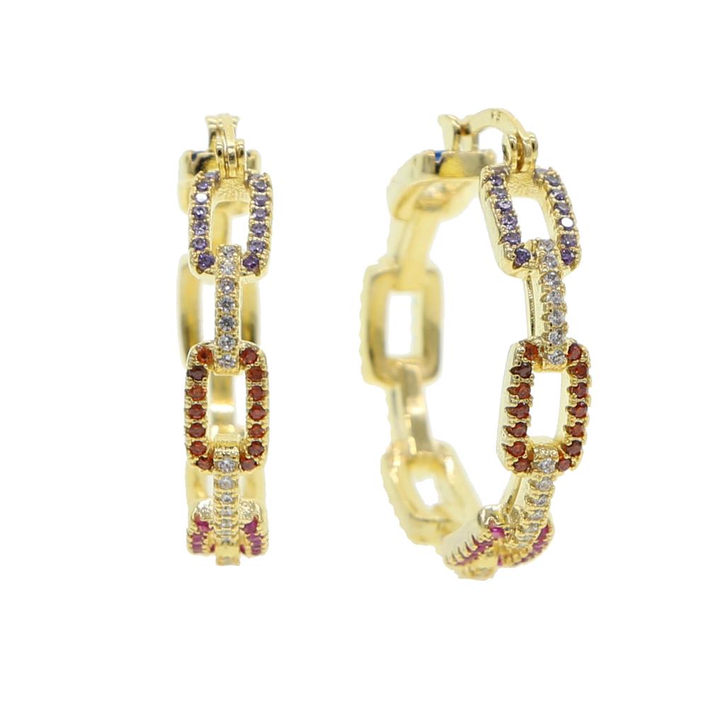 New Gold Plated White Rainbow Cubic Zirconia Open Link Chain Shape Hoop Earring