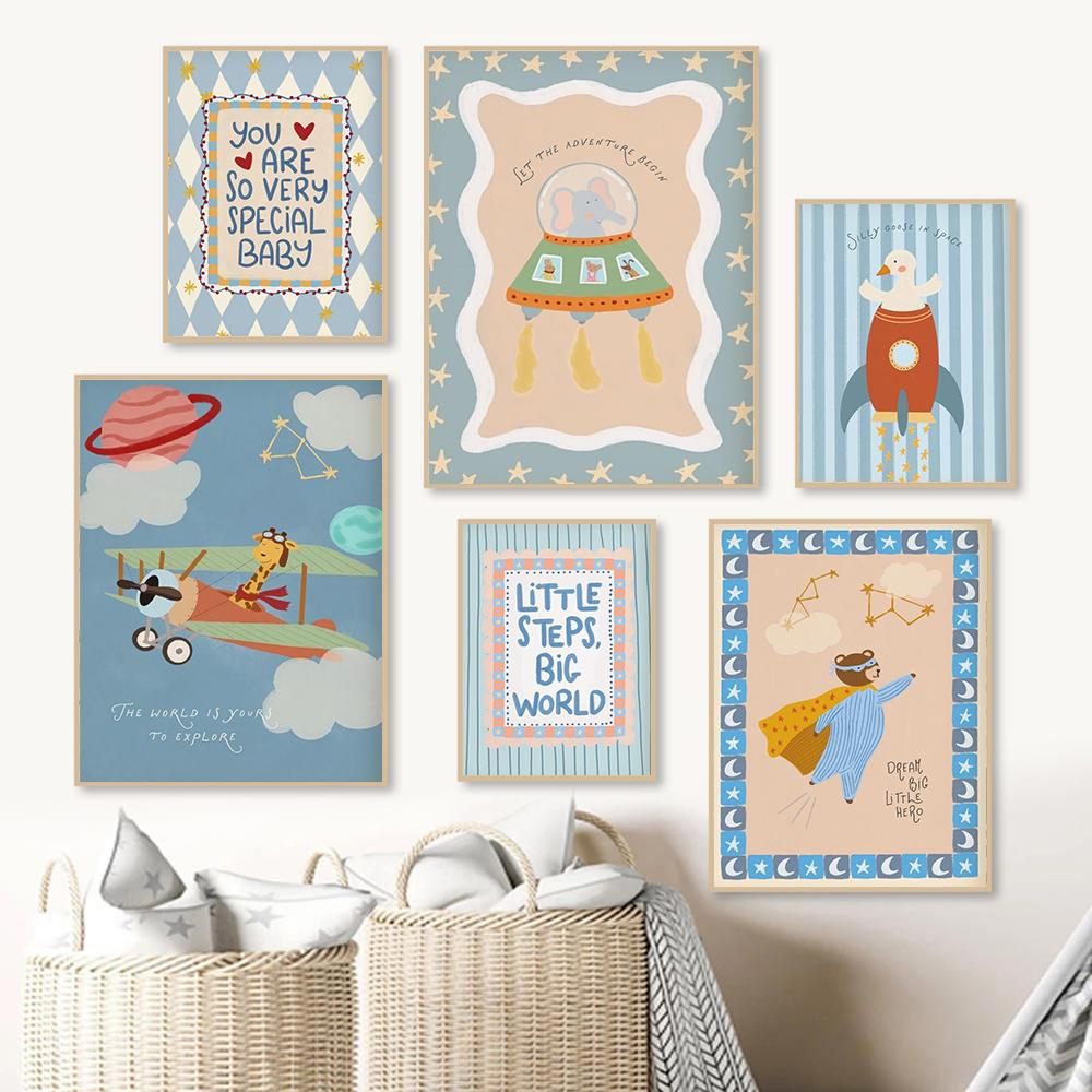 Space Nursery Print Wall Art Hero Bear Elephant Goose Giraffe Airplane Poster Baby Boy Room Home Decor Canvas Painting Pictures
