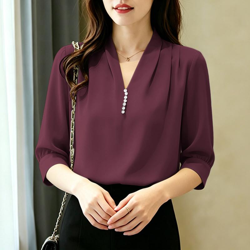 

ZANZEA Elegant Women Casual V-Neck Solid Color 3/4 Sleeve Loose Blouse 5XL кларет