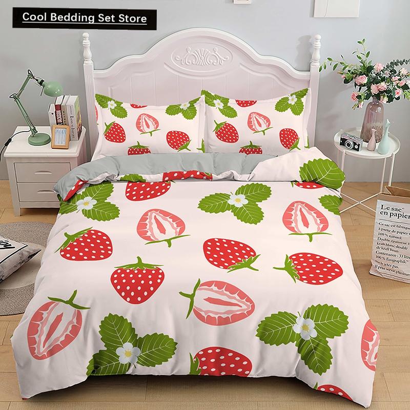 Red Strawberry Cute Bedding Set 3D Pink Lovely Summer Fruit Duvet Cover King Queen For Kids Girls 2/3Pcs Polyester Quilt Cover