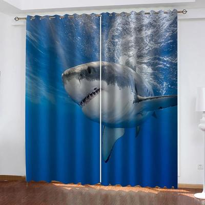 Cortinas Salon 2 Peças 3D Animais Marinhos Grandes Tubarões Brancos Padrão Cortina de Janela Para Criança Menino Quarto Sala de Estar