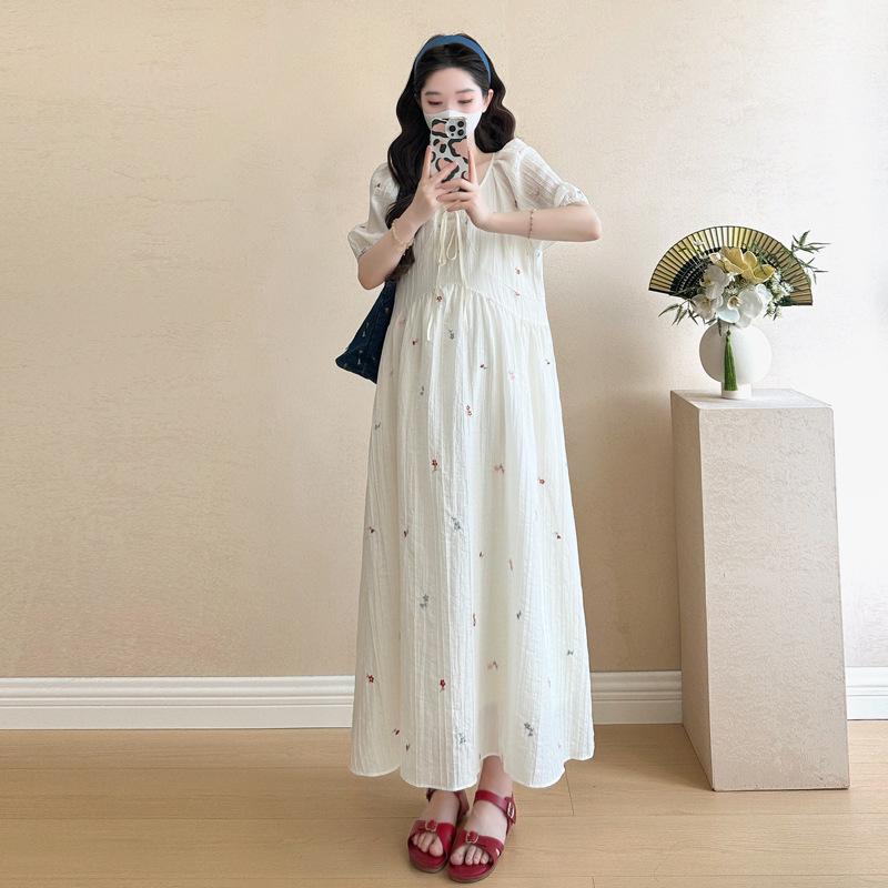 2026 Summer Korean Embroidered Mid-Length Maternity Dress XL
