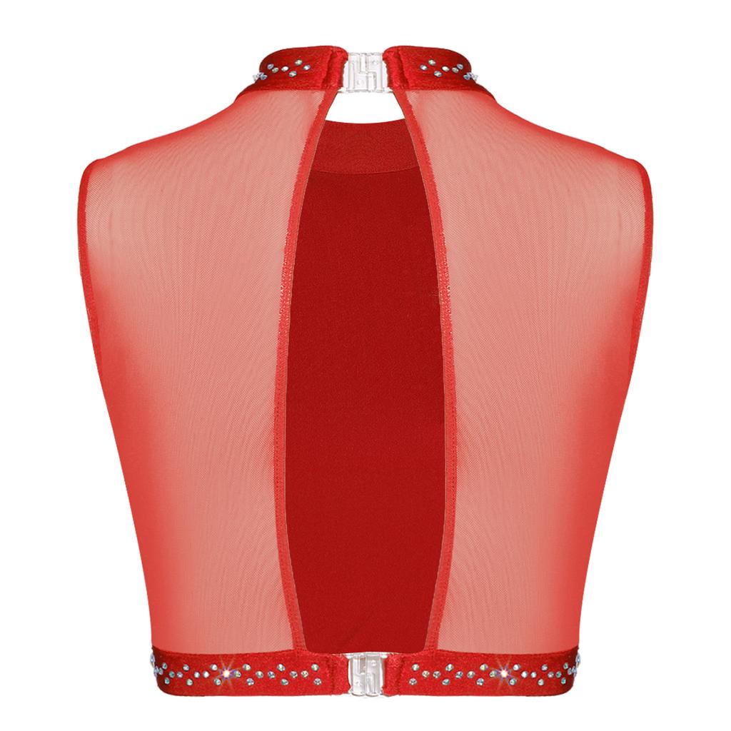 Womens Modern Dance Crop Top Sequin Embroidery Bow Decor Sleeveless Back Hollow Out Dancewear