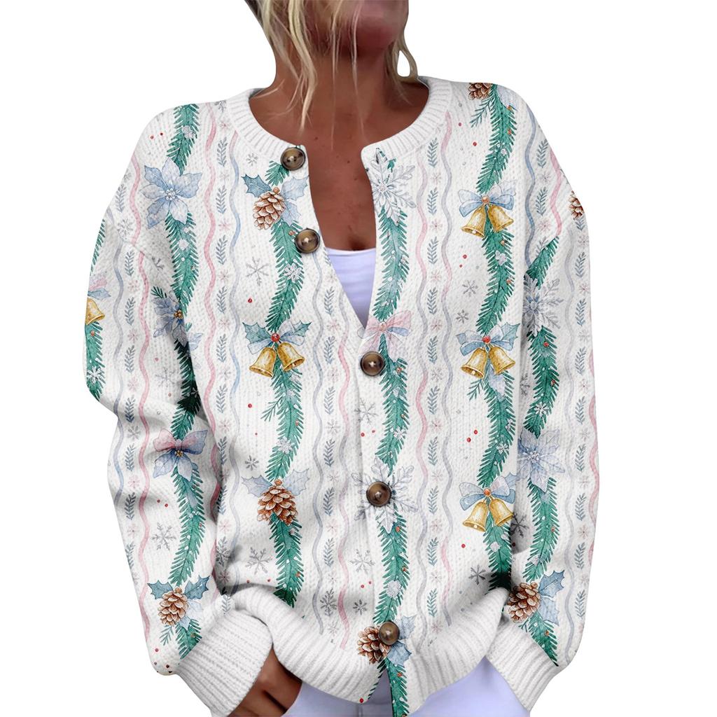Women's Christmas Print Cardigan Long Sleeve Button Down Knit Outerwear for Holiday Party