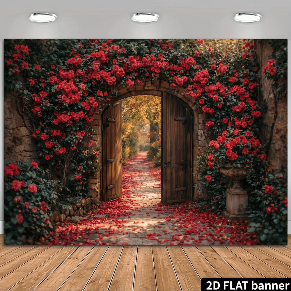 1Pcs Red Rose Archway Vintage Wooden Door Decoration Background Garden Backdrop Decorations For Photo Studio Photo Booth Party