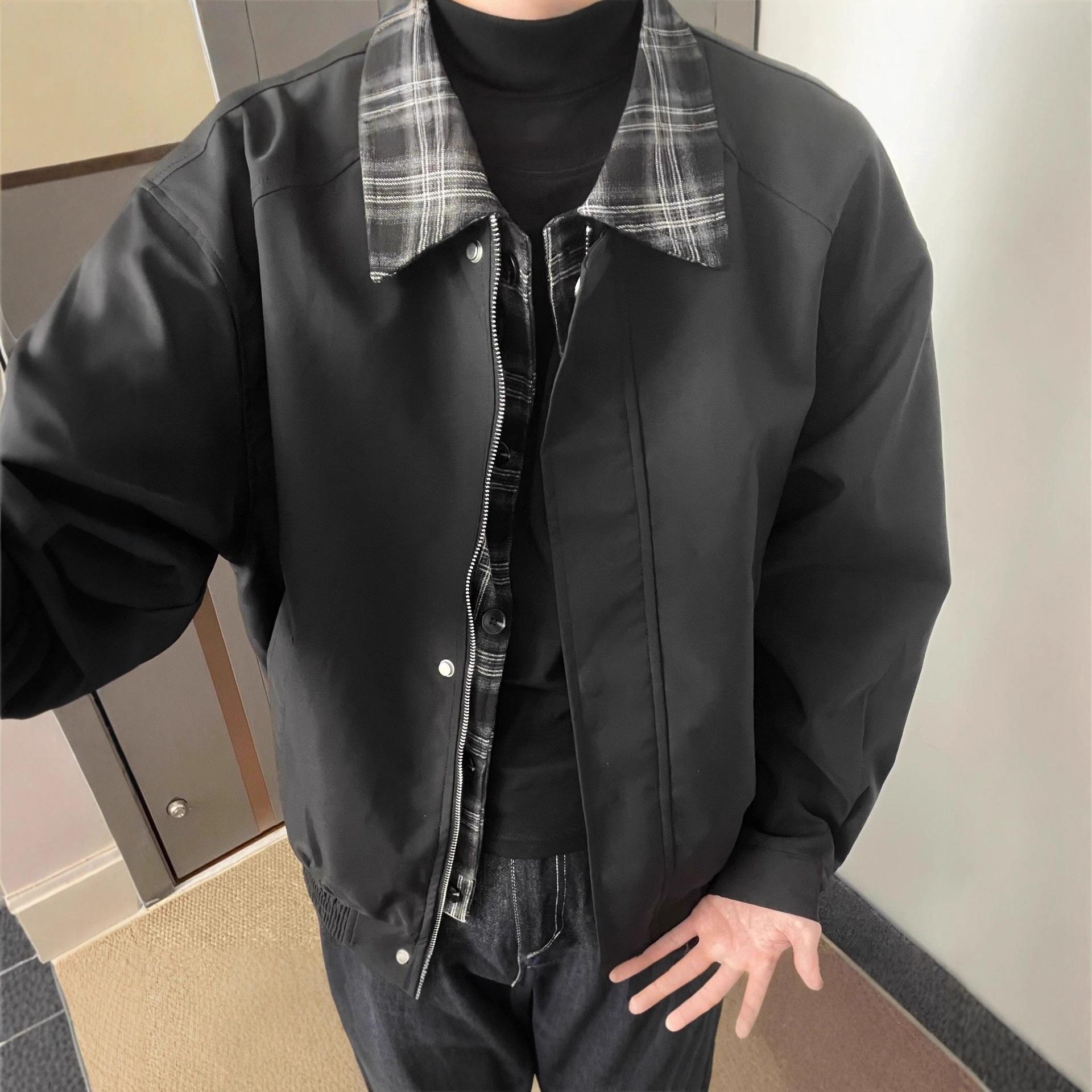 Men s Retro Plaid Patchwork Bomber Jacket - Autumn Two-Piece Design L чёрный