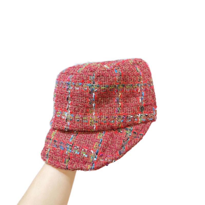 tweed equestrian hat women's autumn and winter warm cap contrasting color striped newsboy hat knight hat