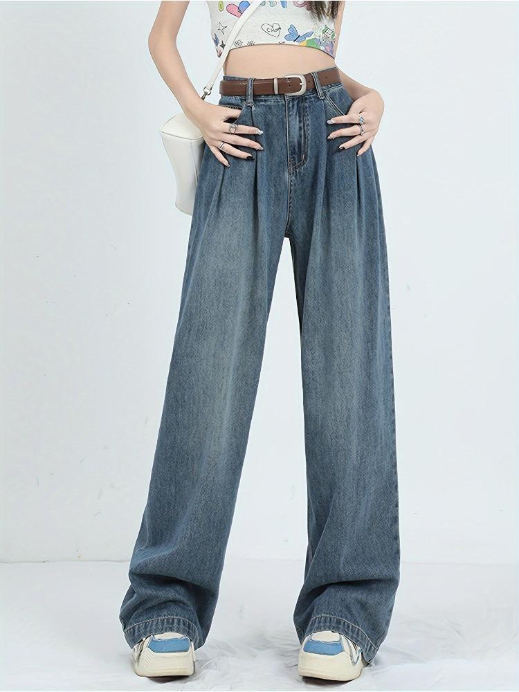 Einfache Retro-Stil Loose Fit Jeans mit Falten und Schrägtaschen Denimhosen ohne Gürtel Damenjeans & Kleidung