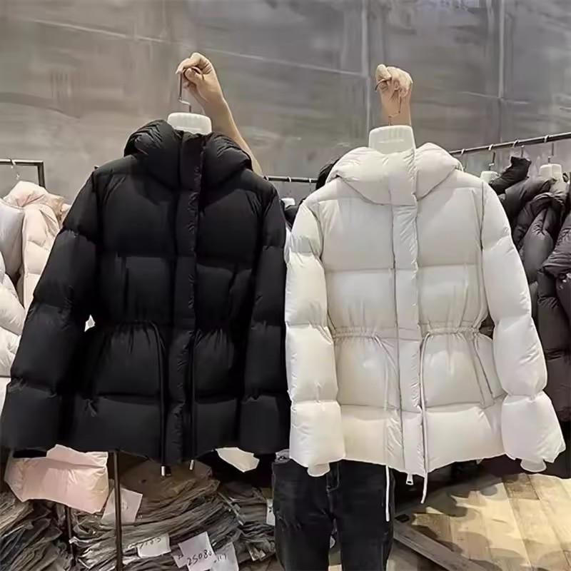 Cotton-Padded Jacket Women Autumn Winter Down Coat Female Parkas Hooded Drawstring Waist Thick Warm Overwear Lady Top
