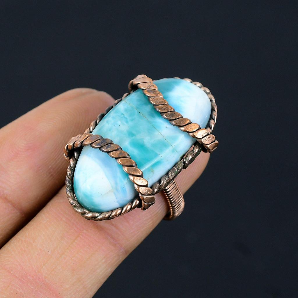 Larimar Gemstone Copper Wire Wrapped Handmade Jewelry Ring For Gift