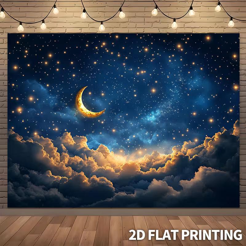 2D Dreamy Moon Tapestry Golden Crescent, Starry Sky and Sunlit Clouds Wall Art 47.2x31.5inch/120*80cm