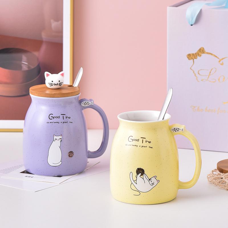 Niedliche Cartoon Katze Keramiktasse mit Deckel Löffel Große Kapazität Haushaltskaffeetasse Milchbecher