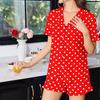 Damen Kurzarm Schlafanzug Set Polka Dot Knopfleiste Zweiteilig Rüschenbesatz Hauskleidung Nachtwäsche Oberteil und Shorts Set