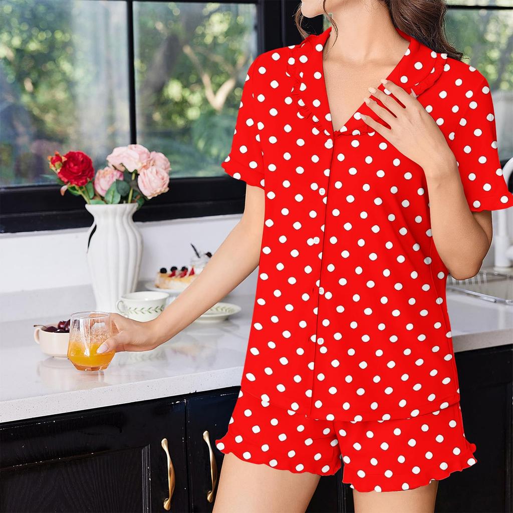 Damen Kurzarm Schlafanzug Set Polka Dot Knopfleiste Zweiteilig Rüschenbesatz Hauskleidung Nachtwäsche Oberteil und Shorts Set