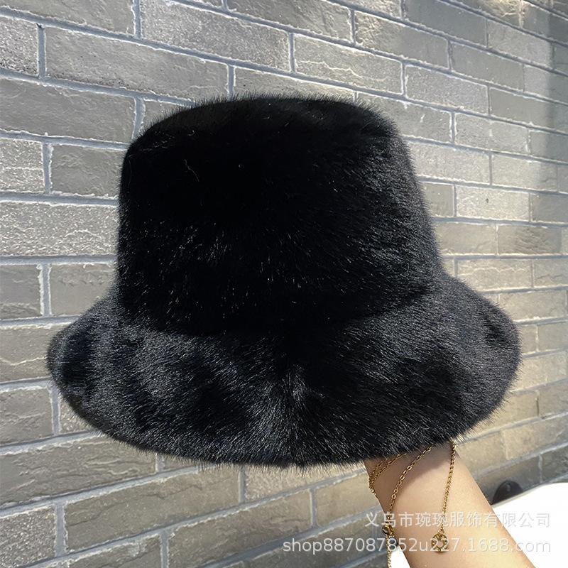 Autumn and winter new solid color bucket hat women's fashion show small face warm fluffy basin hat simple imitation mink bucket hat