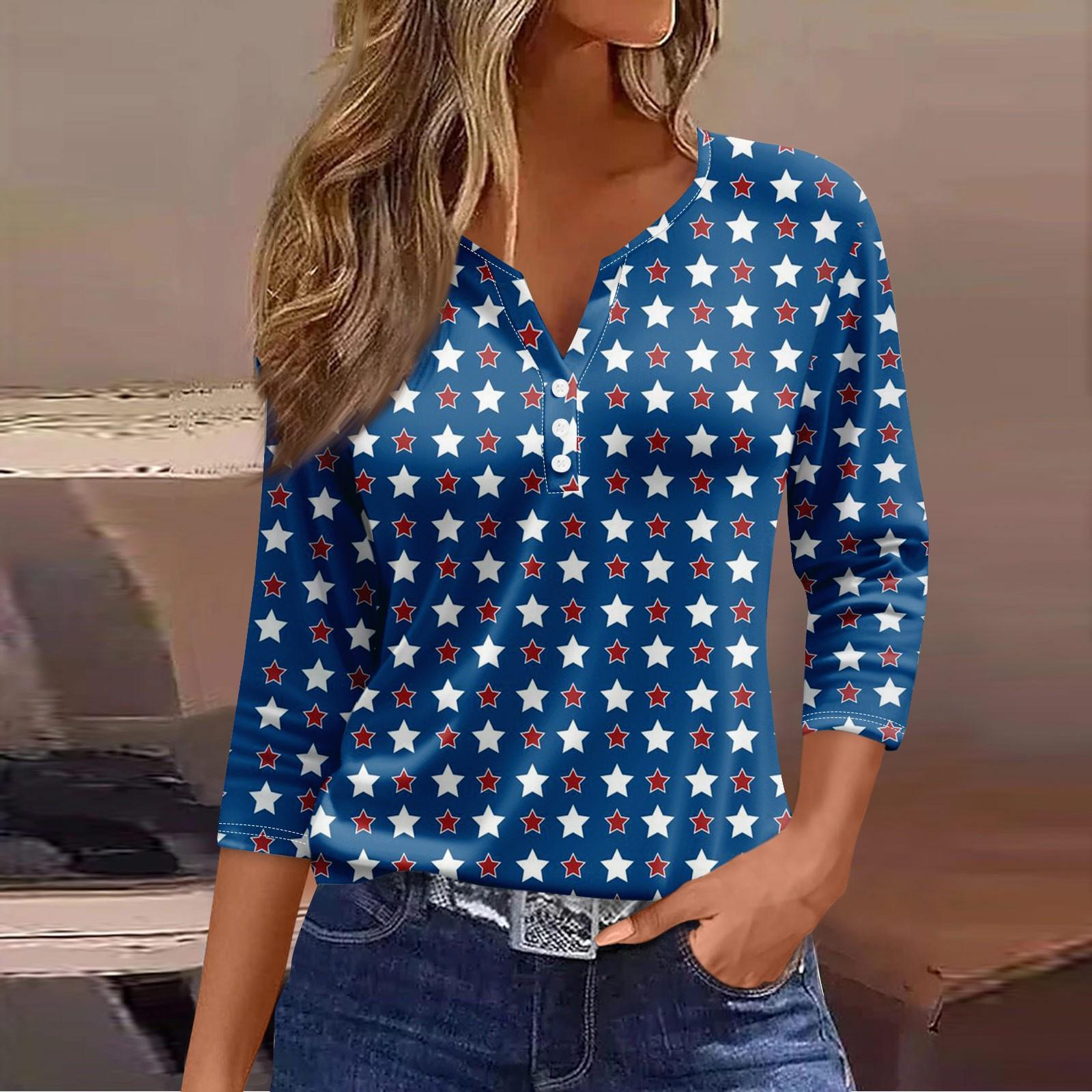 

Жен. Футболка Футболка С принтом Пуговицы Рукав 3/4 Повседневные Выходные Мода Классический V-образный вырез Обычный Топ XL синий