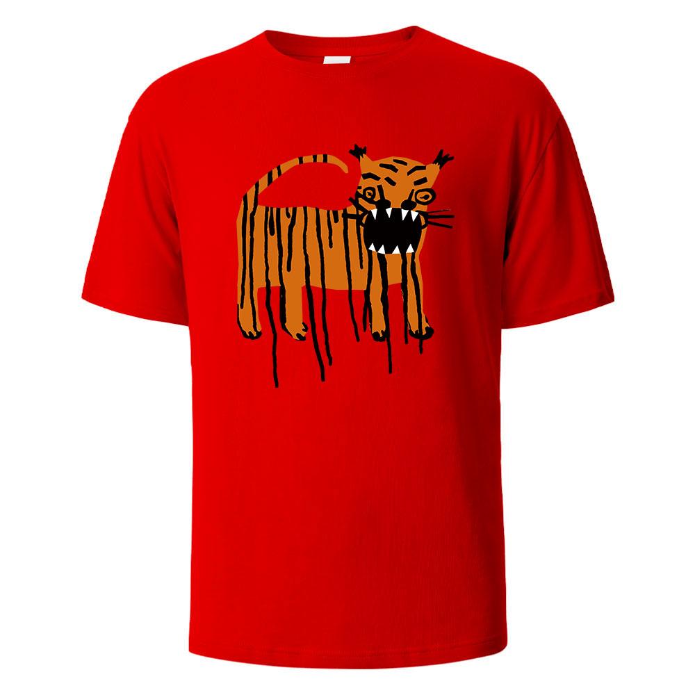 2025 New Summer Men's Horror Tiger Print Crew Neck T-shirt Pure Cotton Breathable Top Daily Casual Loose Large Size Short Sleeve